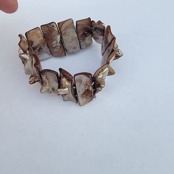Vintage shell stretch bracelet chunky brown mother of pearl boho - Picture 4 of 10